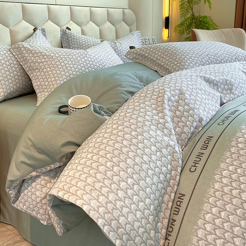 A类天丝棉磨毛四件套高级感字母条纹浅绿色被套纯色床单床笠套件