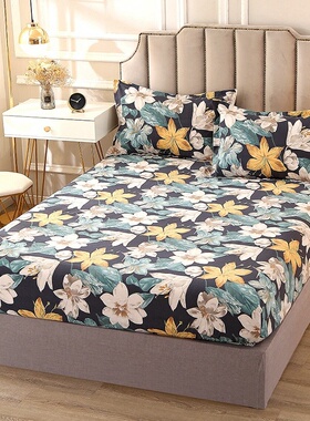 全包加厚磨毛床笠单件桔黄浅咖老蓝色印花全棉床套罩纯棉单人1.5m