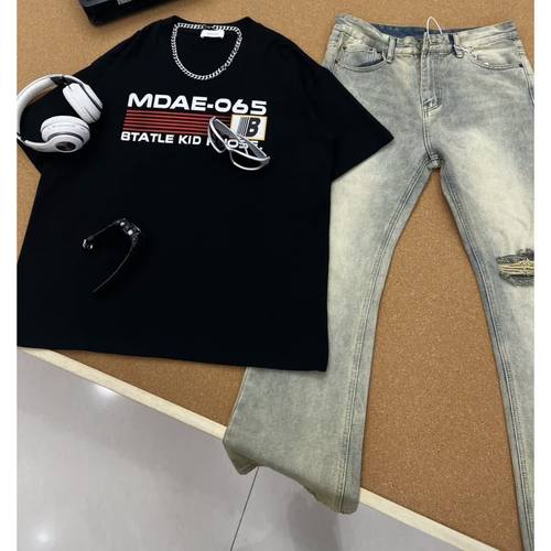 复古破洞微喇牛仔裤两件套男士夏季印花短袖搭配一整套休闲套装潮