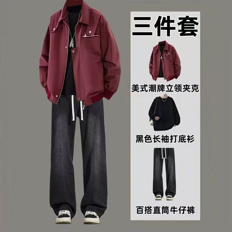 美式复古工装夹克套装青少年秋季潮牌一整套搭配牛仔裤男装三件套