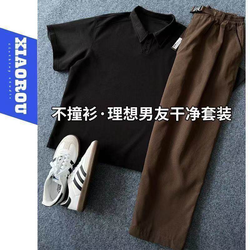 男士polo衫套装短袖西裤一套搭夏季青少年翻领t恤宽松潮流两件套