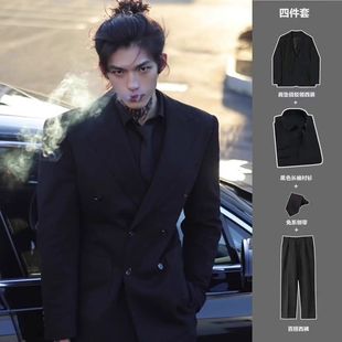 高级感黑色双排扣西装 男春秋痞帅炸街英伦雅痞潮牌设计感西服外套
