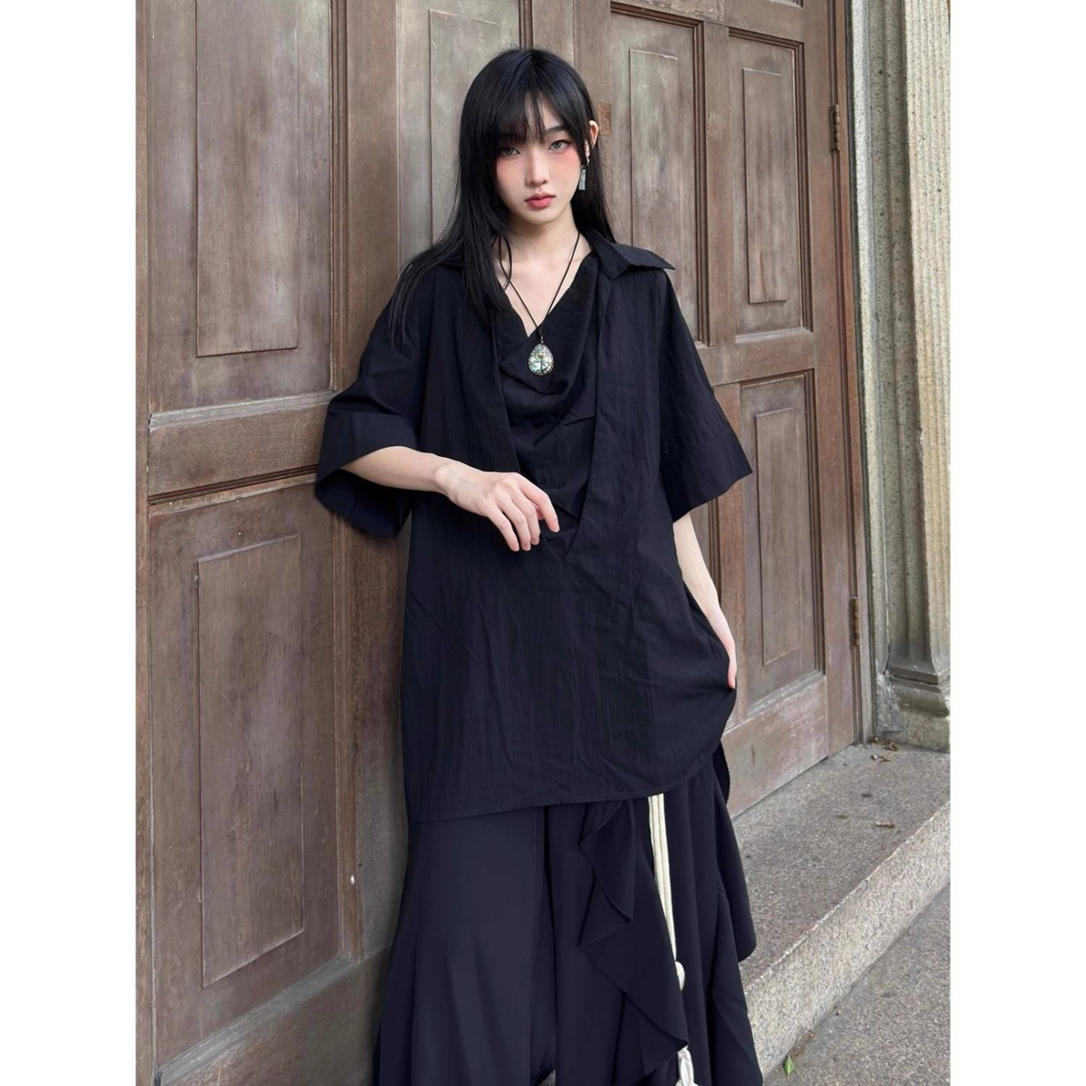 雁南飞 夏季山本耀司上衣女新中式绑带短袖衬衫外套中性情侣百搭