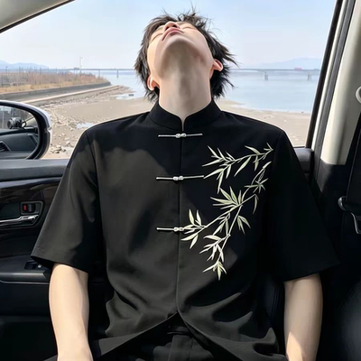 新中式中山装短袖衬衫男士夏季订婚衣服套装竹子刺绣立领国风衬衣