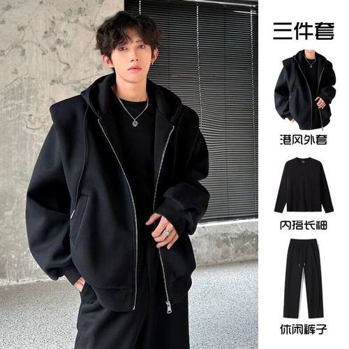 灰色连帽卫衣男春秋高级感痞帅重磅短款开衫夹克学生套装休闲裤