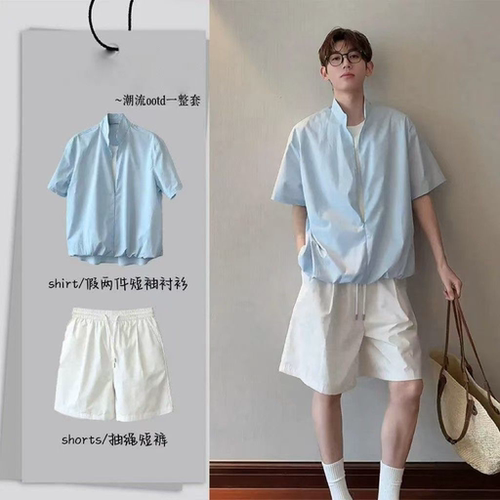 HN26ss/【假两件套装】夏季纯棉翻立领短袖T恤男百搭设计款两件套