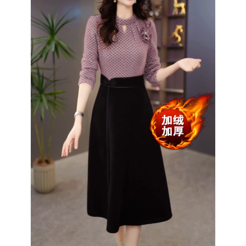 气质高端优雅加绒加厚拼接连衣裙2025冬季新款收腰显瘦中长款裙子