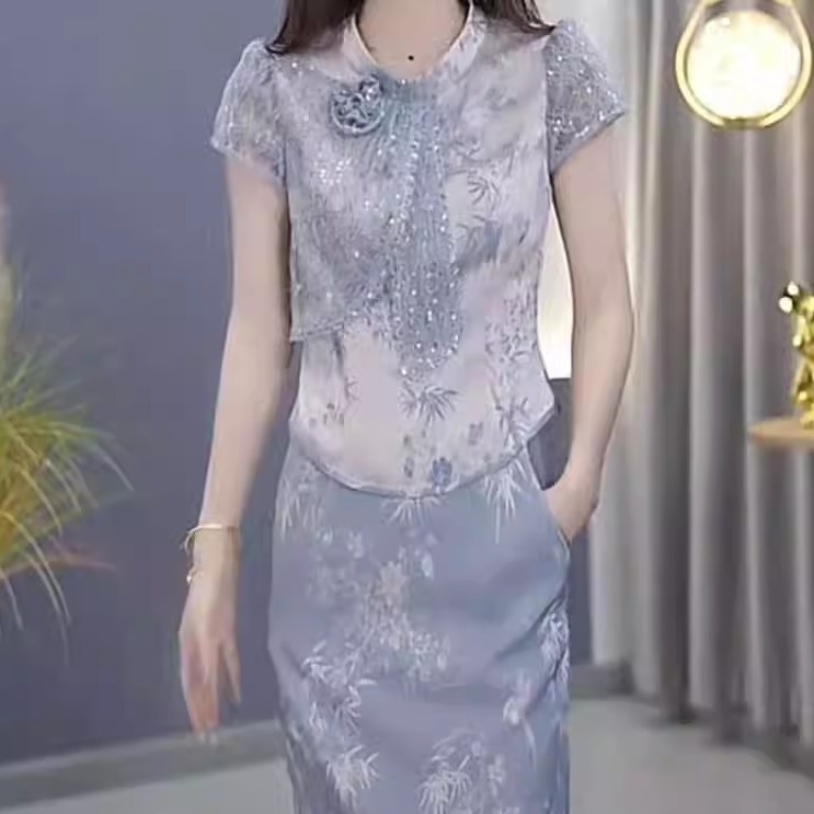 冰丝缎新中式国风两件套上衣半身裙子2025夏季新款女显瘦洋气套装
