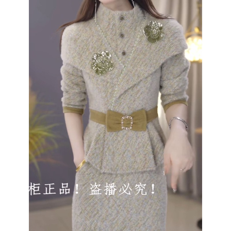 雪尼尔绒两件套小香风套装裙遮肉2025冬季新款时尚气质打底连衣裙