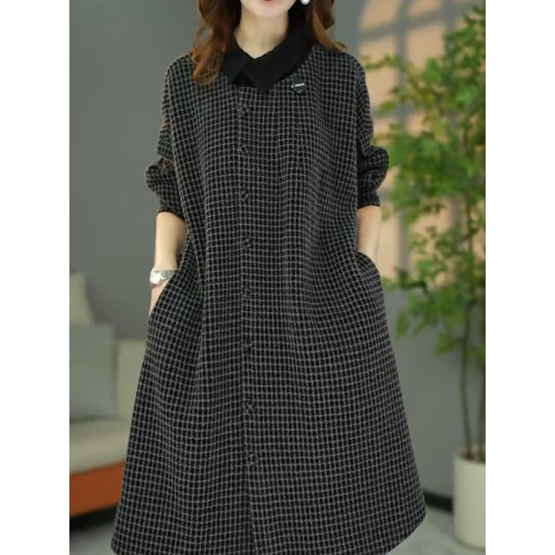 简约时尚慵懒加厚格子连衣裙女2025秋冬季新款减龄欧版中长款裙子