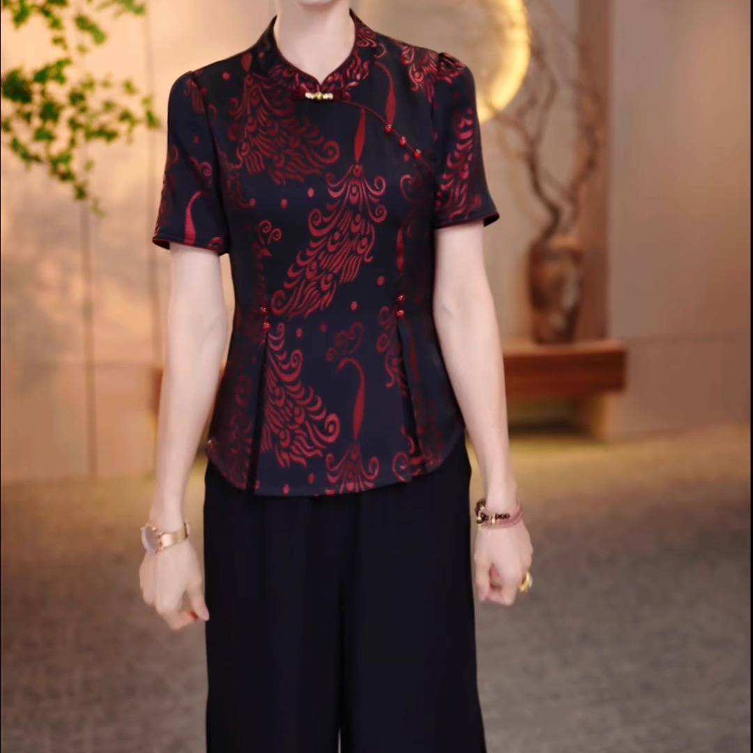 【单买/套装】国风套装女夏复古印花上衣+阔腿裤新中式显瘦两件套