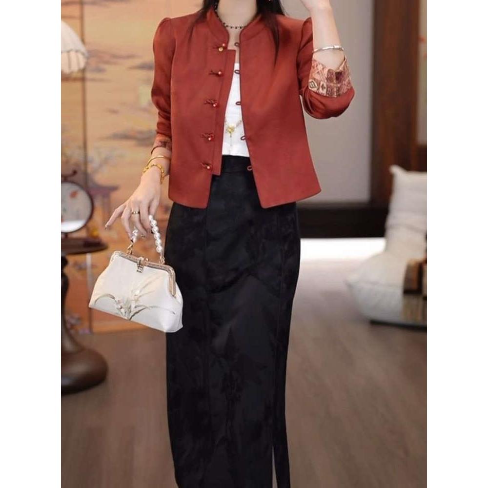 高档缎面新中式上衣半身裙两件套2025秋季新款时尚洋气高端礼服裙