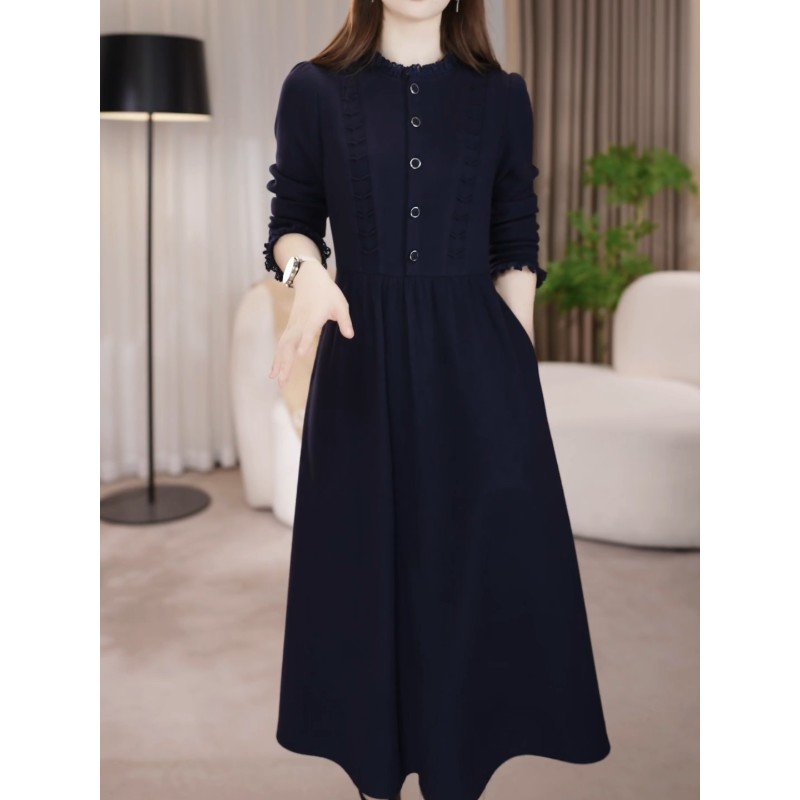 法式端庄大气加厚保暖连衣裙女2025秋冬季新款遮肉显瘦中长款裙子