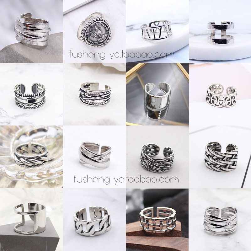 ins新品简约时尚S925纯银宽面光面复古重工设计开口戒指环女银饰