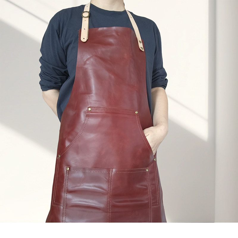 防水头层牛皮围裙餐饮专用家用厨房防油美甲咖啡奶茶店工作服围腰