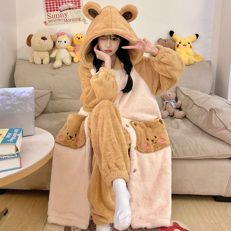 2025新款秋冬季天珊瑚绒睡袍女可爱法兰绒加绒加厚睡衣家居服套装