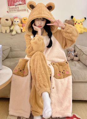 2025新款秋冬季天珊瑚绒睡袍女可爱法兰绒加绒加厚睡衣家居服套装