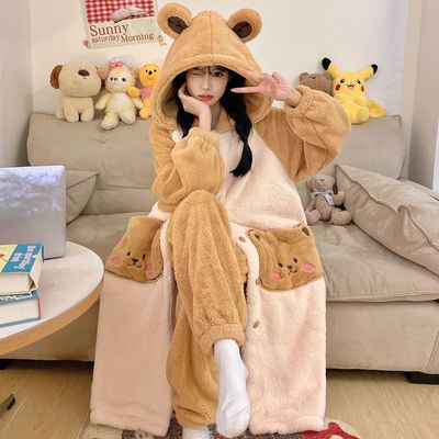 2025新款秋冬季天珊瑚绒睡袍女可爱法兰绒加绒加厚睡衣家居服套装