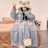 加绒加厚保暖睡衣家居服套装 珊瑚绒连帽睡袍女士春秋冬季 2025新款