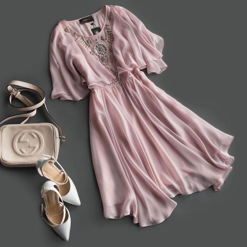 欧洲站欧美高端大牌 白色粉色收腰修身钉珠雪纺夏季连衣裙 新款女