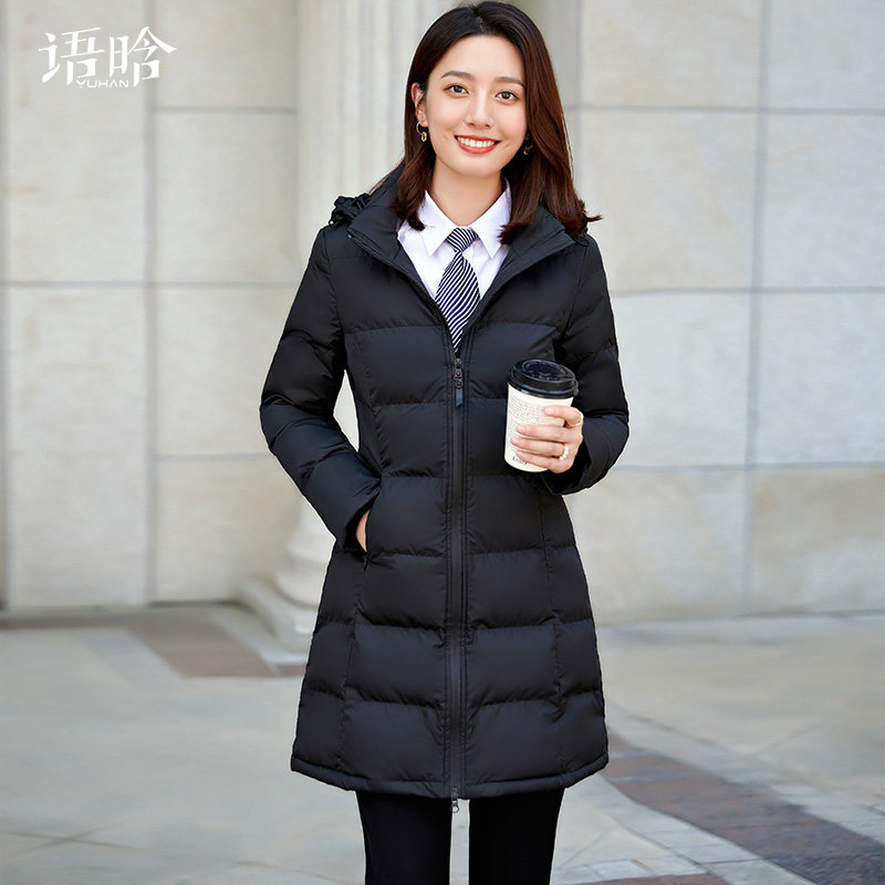 职业黑色羽绒棉服女冬中长款2022冬季新款女修身工装棉衣工作服