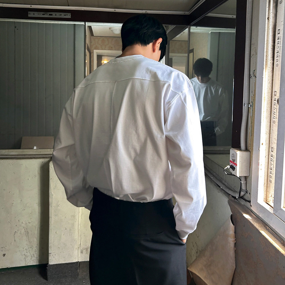 MYQ简约纯色长袖T恤男春秋季宽松纯棉打底衫韩系通勤风圆领上衣
