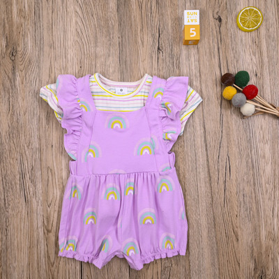 外贸 女宝夏季纯棉背带裤子平角短爬婴儿上衣短袖T恤两件套装