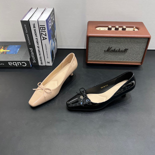 2026春季新款优雅蝴蝶结黑色高跟鞋百搭浅口低跟单鞋女鞋潮工作鞋