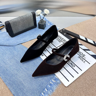 欧货2025秋冬季绒面新款尖头浅口单鞋女法式气质仙女玛丽珍鞋