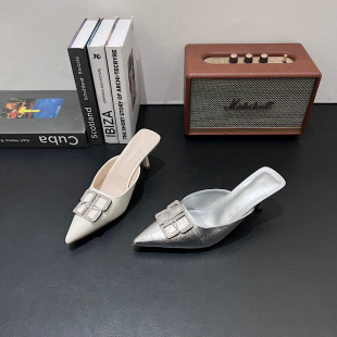 新款 女2026夏季 浅口单鞋 时尚 法式 配裙子晚晚女鞋 尖头水钻包头拖鞋