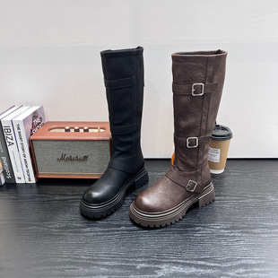 厚底长靴女2025新款 百搭黑色皮带扣长筒靴不过膝复古加绒骑士靴潮