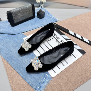 欧货2025秋季新款法式水钻方扣单鞋女鞋方头平底瓢鞋黑色绒面优雅