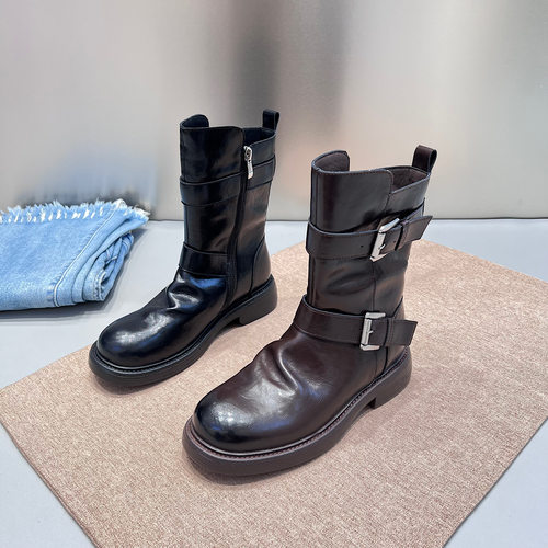 2025秋冬季新款厚底软底骑士靴皮带扣瘦瘦靴机车马丁靴女加绒短靴