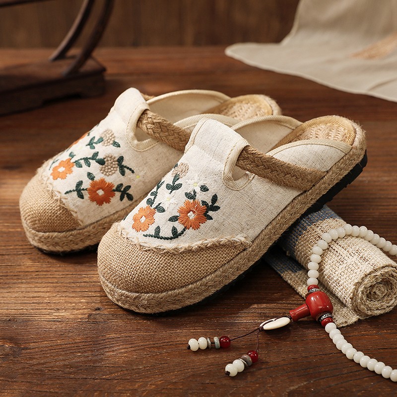 民族风平底亚麻包头拖鞋