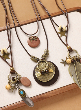 长款复古新中式禅意项链小众文艺手作毛衣链双层叠戴棉麻配饰女