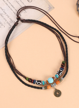 中式复古编织双层项链额饰毛衣链