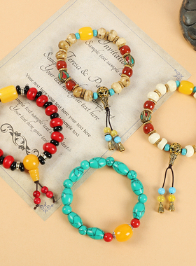 西藏牦牛骨手串复古松石手链