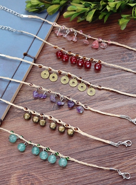 森系拉菲草甜美风铃铛配饰手绳