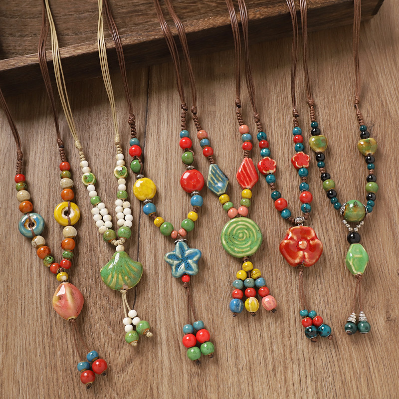 手工编织彩色陶瓷串珠项链简约长款中式花朵毛衣链复古国风配饰女