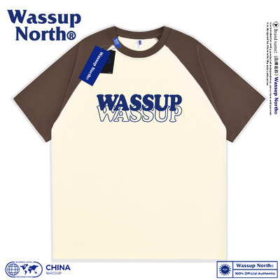 WASSUP NORTH纯棉设计感印花拼接短袖T恤男美式潮牌情侣插肩上衣