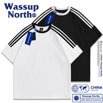 国潮重磅纯棉三杆短袖T恤男女款