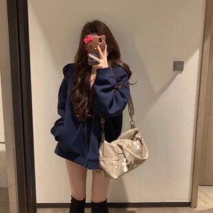 韩里韩气的松弛感藏青色拉链连帽卫衣女学生小个子开衫外套宽松
