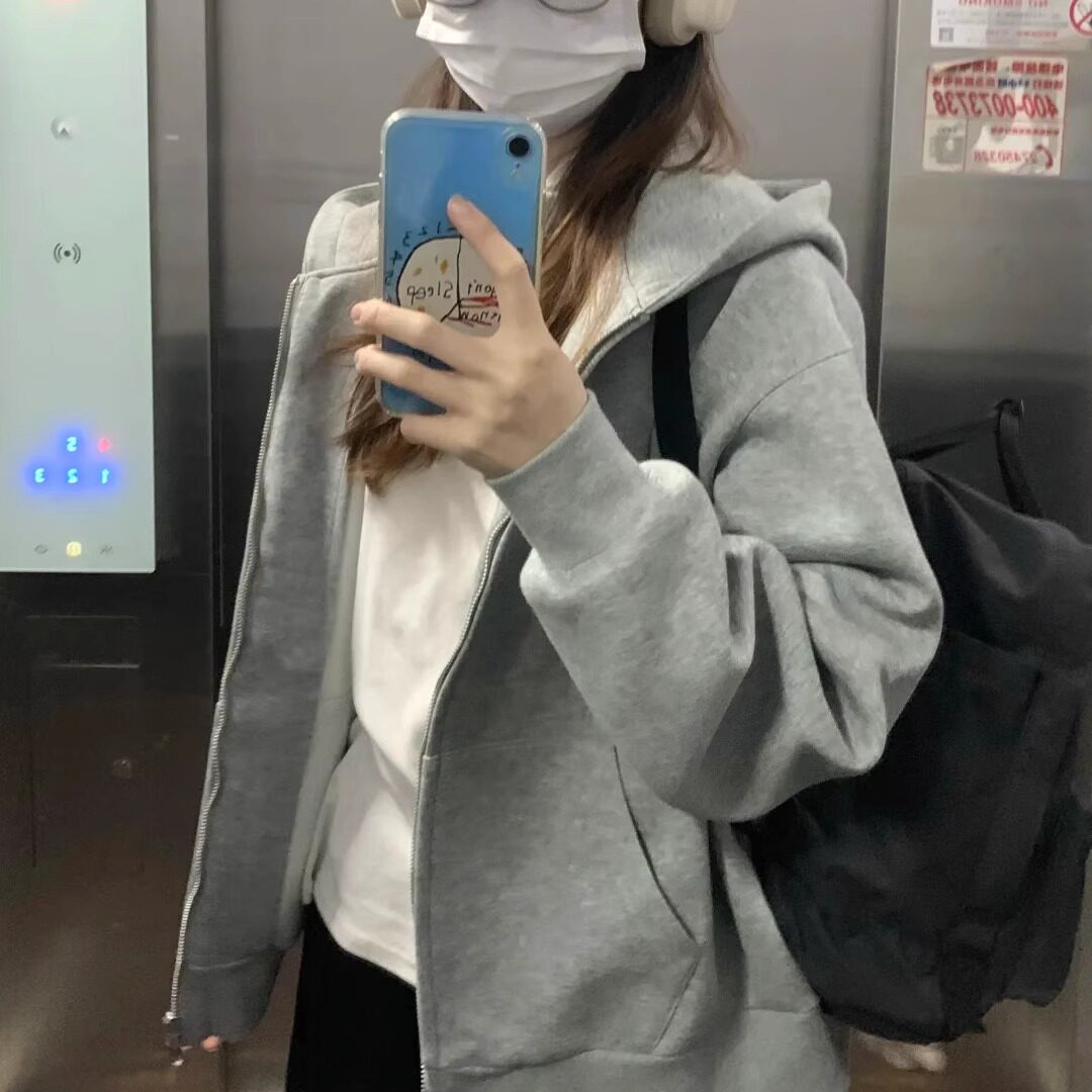 灰色连帽卫衣外套女2025秋冬装新款百搭简约慵懒风宽松开衫加绒