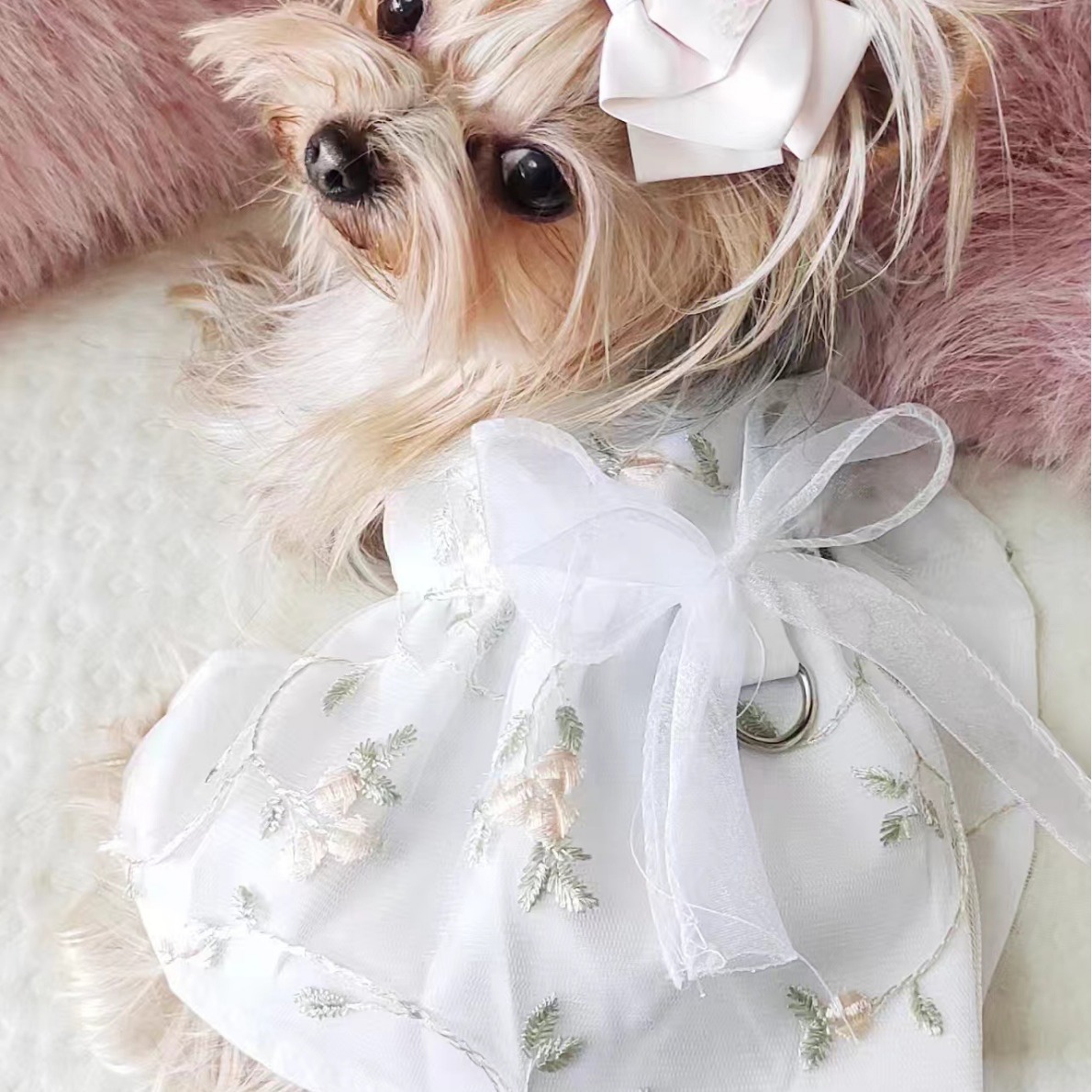 宠物猫咪小狗狗刺绣吊带衣服连衣裙子小型犬雪纳瑞比熊春夏季薄款