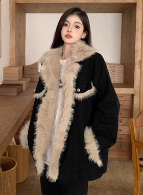 RIRI BAO复古黑色毛毛牛仔外套女冬新款加绒加厚百搭宽松棉衣棉服