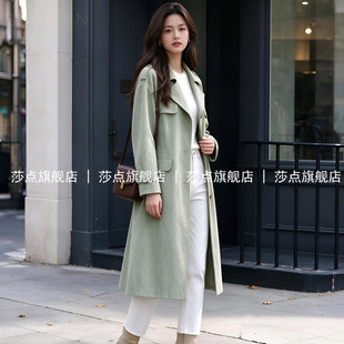 豆绿色麂皮绒西装领单排扣毛呢外套女冬中长款加厚呢子大衣高级感