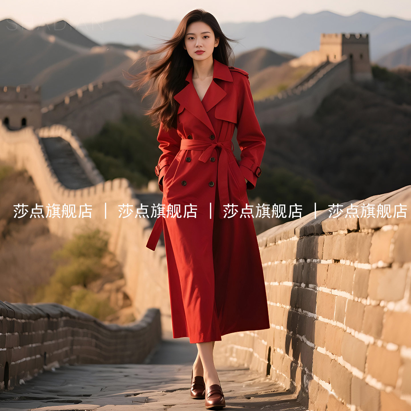休闲红色风衣女中长款
