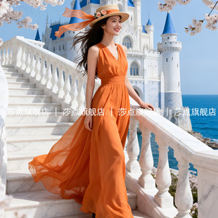桔色V领无袖薄纱连衣裙女夏海边度假沙滩裙气质雪纺裙长裙背心裙