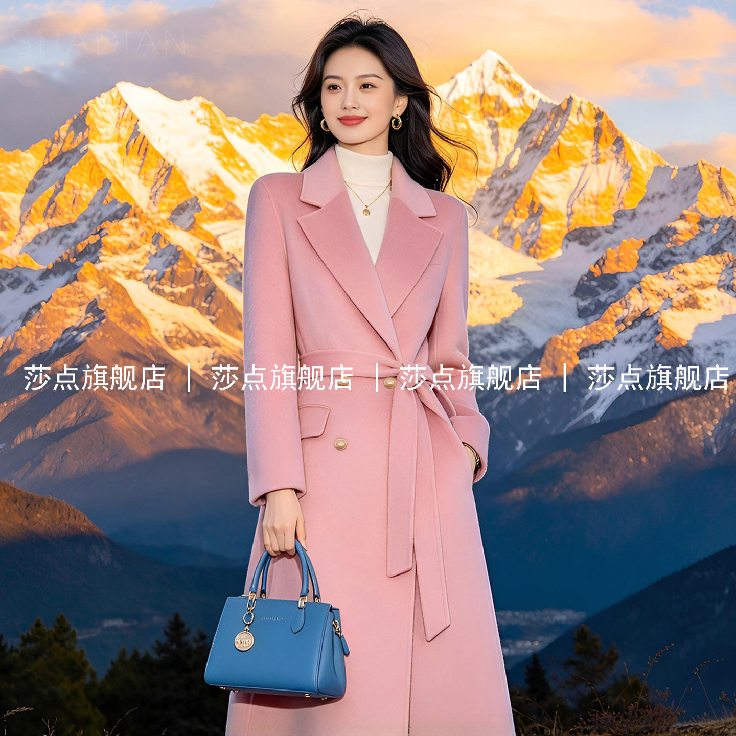 双排扣粉色毛呢外套女秋冬加厚