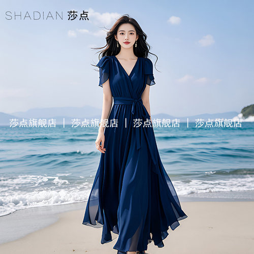 蓝色V领雪纺连衣裙女夏气质长款